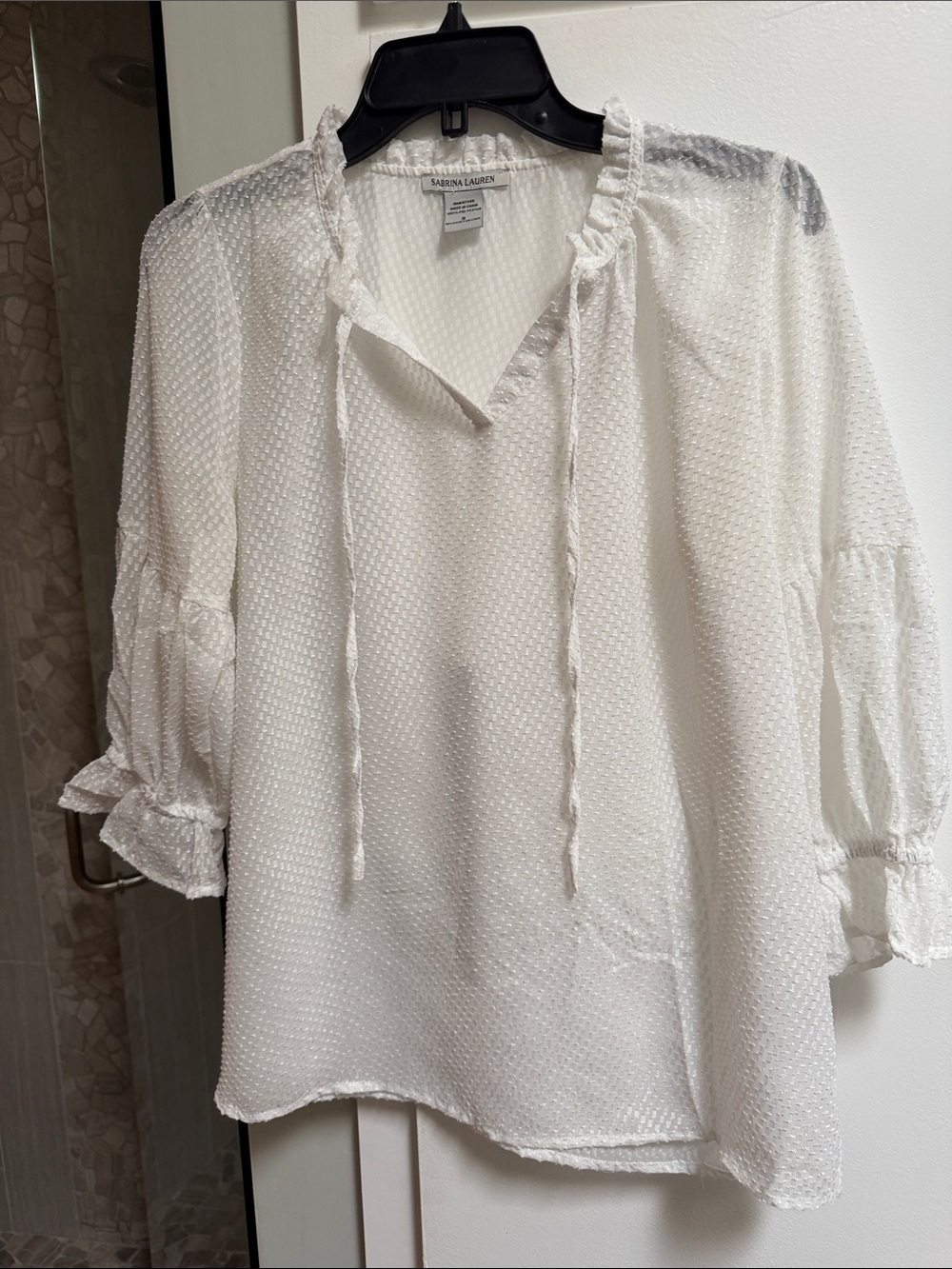 White Textured Tie-Neck Blouse